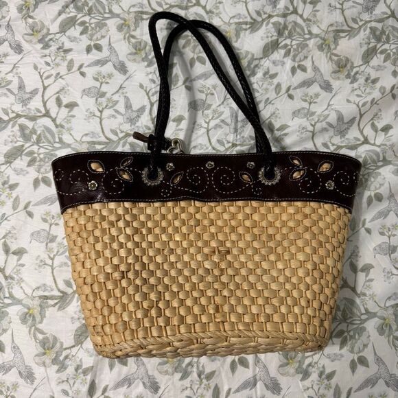 Brighton Vintage Cottage Straw Picnic Tote Bag Leather Trim - Picture 1 of 9
